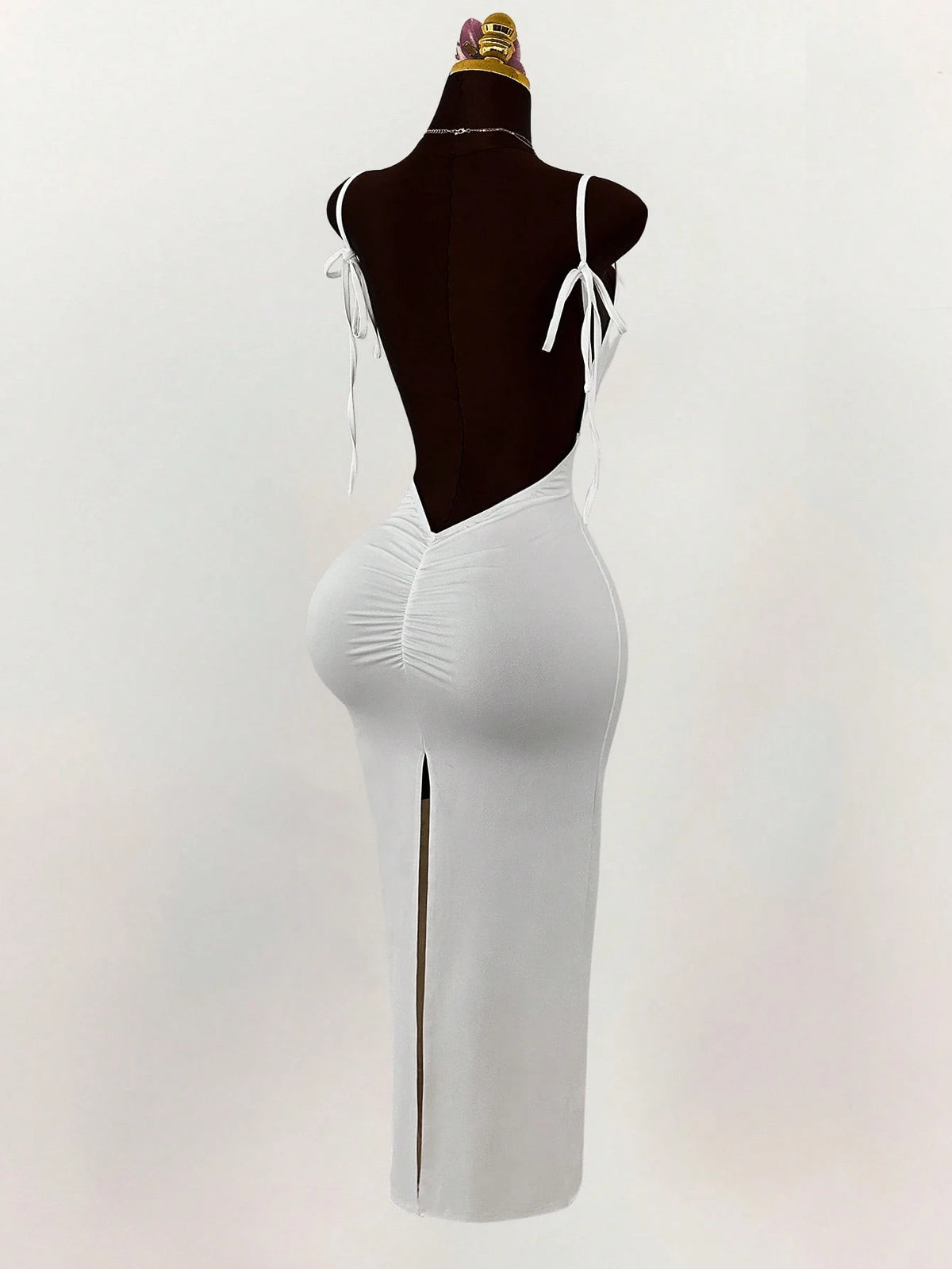Amplova Generous Neckline Spaghetti Strap Bow Tie Backless Ruched High Slit Bodycon Straight Dress