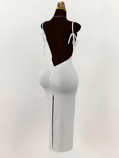 Amplova Generous Neckline Spaghetti Strap Bow Tie Backless Ruched High Slit Bodycon Straight Dress