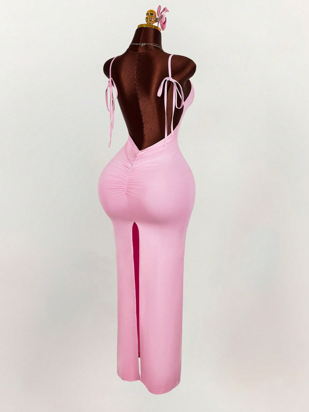 Amplova Generous Neckline Spaghetti Strap Bow Tie Backless Ruched High Slit Bodycon Straight Dress