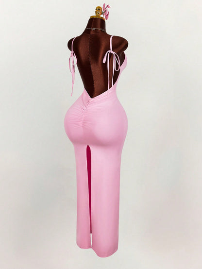 Amplova Generous Neckline Spaghetti Strap Bow Tie Backless Ruched High Slit Bodycon Straight Dress