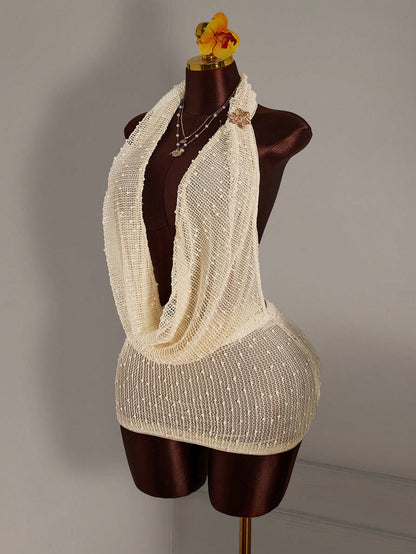 Amplova Ladies Sexy V-Neck Backless Mini Slip Dress, Summer,Party Night Out Dresses For Women,Club Outfits Women Sexy,Boho Clothes Women Beige