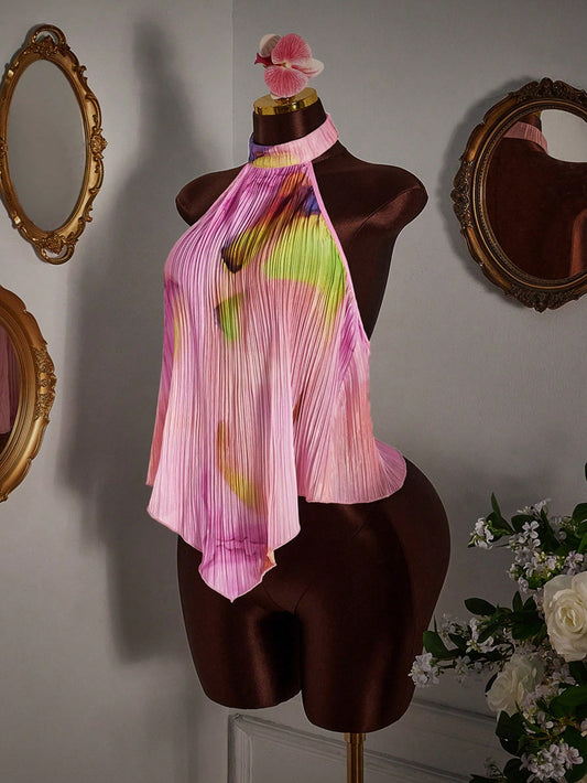 Amplova Pink Pleated Asymmetric Hem Tank Top Party Vacation Summer Sexy