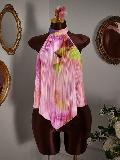 Amplova Pink Pleated Asymmetric Hem Tank Top Party Vacation Summer Sexy