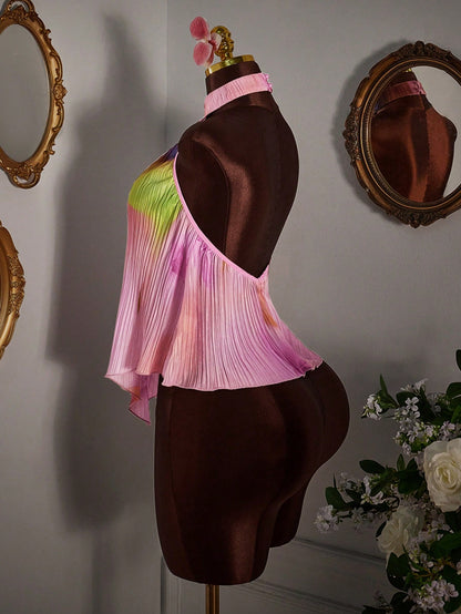 Amplova Pink Pleated Asymmetric Hem Tank Top Party Vacation Summer Sexy
