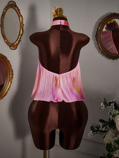 Amplova Pink Pleated Asymmetric Hem Tank Top Party Vacation Summer Sexy