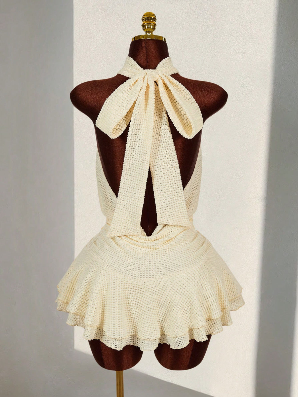 Amplova Romantic Boho Style Vacation Textured Sheer Fabric Waist 3D Flower High Neck Women Mini Dress