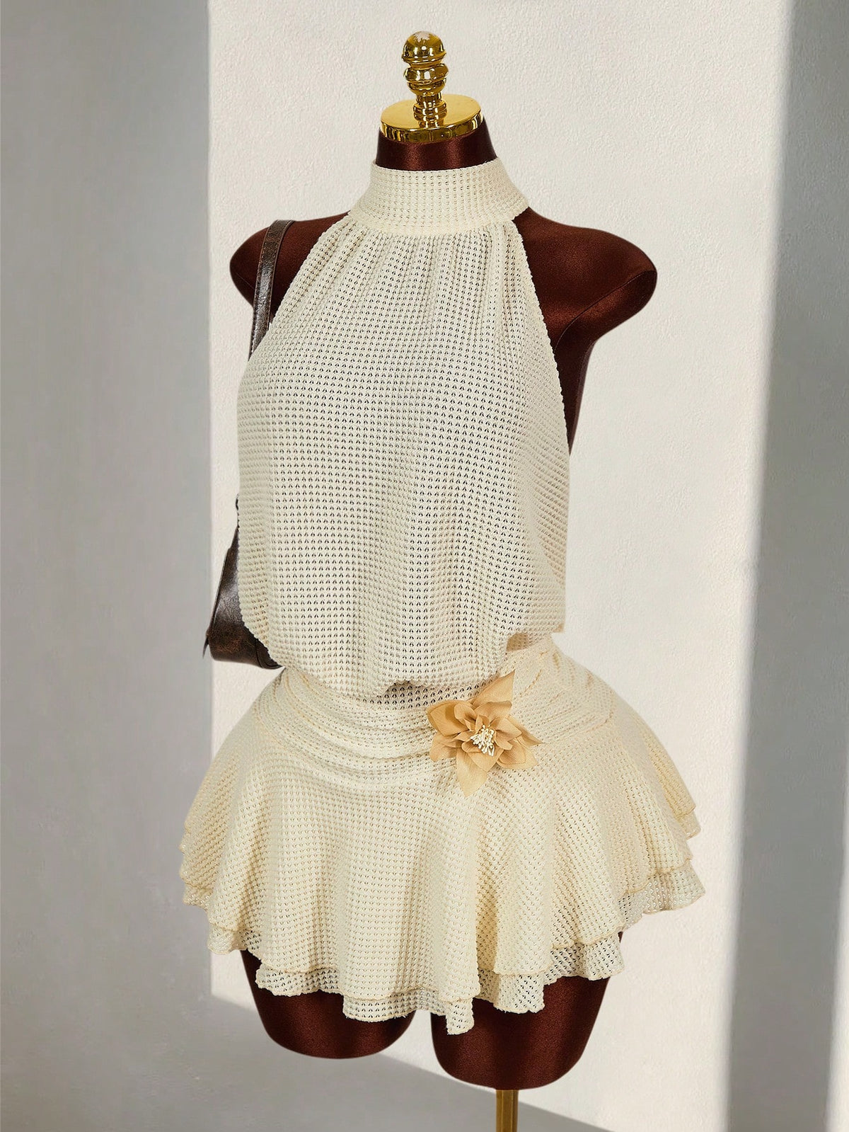 Amplova Romantic Boho Style Vacation Textured Sheer Fabric Waist 3D Flower High Neck Women Mini Dress
