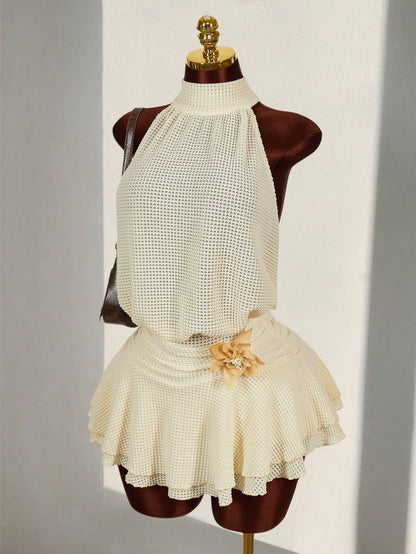 Amplova Romantic Boho Style Vacation Textured Sheer Fabric Waist 3D Flower High Neck Women Mini Dress