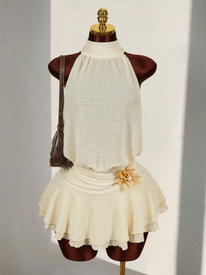 Amplova Romantic Boho Style Vacation Textured Sheer Fabric Waist 3D Flower High Neck Women Mini Dress