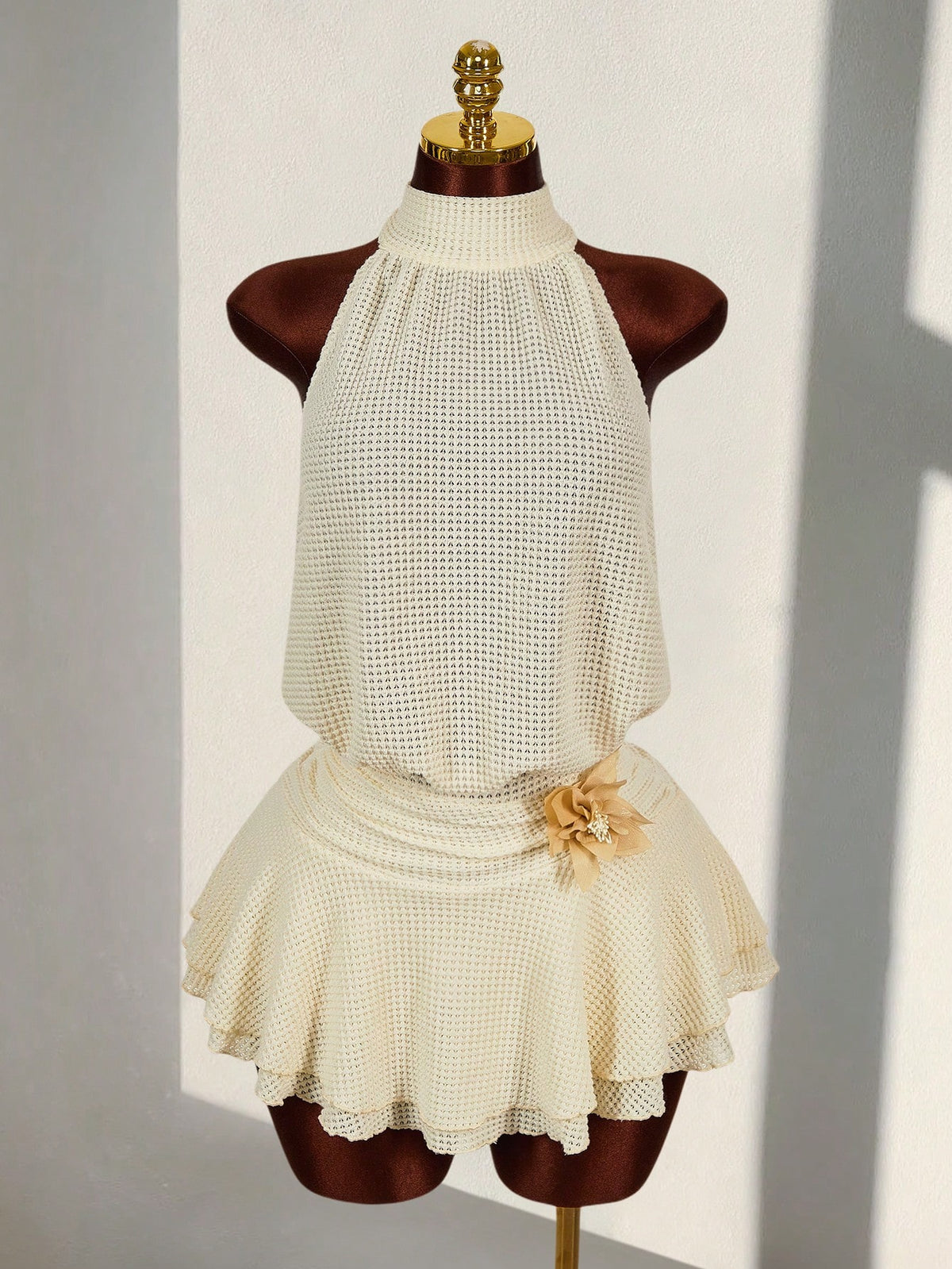 Amplova Romantic Boho Style Vacation Textured Sheer Fabric Waist 3D Flower High Neck Women Mini Dress