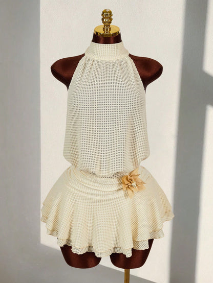 Amplova Romantic Boho Style Vacation Textured Sheer Fabric Waist 3D Flower High Neck Women Mini Dress
