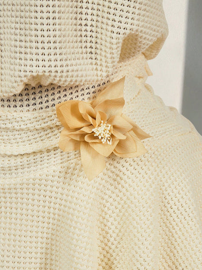 Amplova Romantic Boho Style Vacation Textured Sheer Fabric Waist 3D Flower High Neck Women Mini Dress