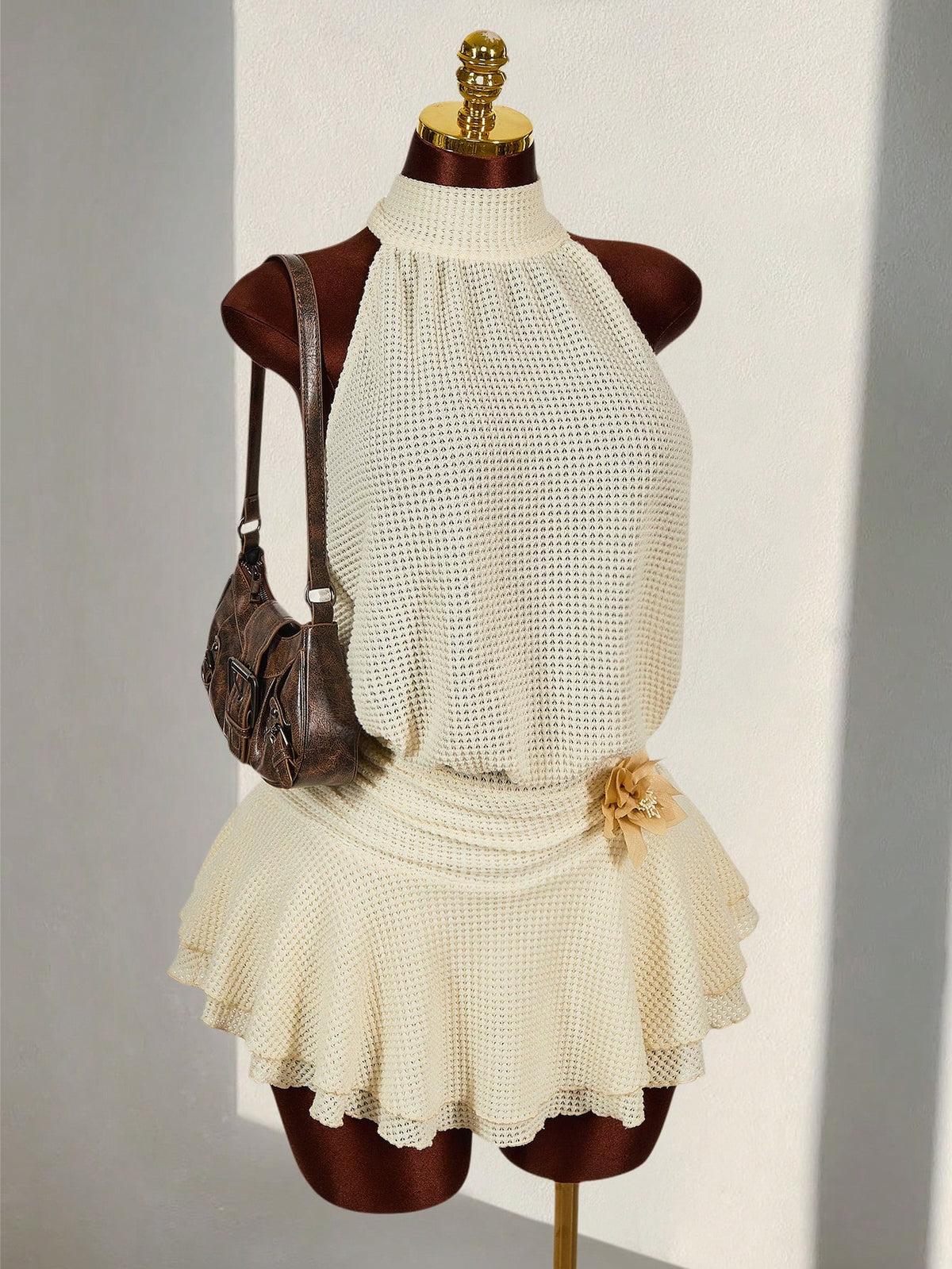 Amplova Romantic Boho Style Vacation Textured Sheer Fabric Waist 3D Flower High Neck Women Mini Dress