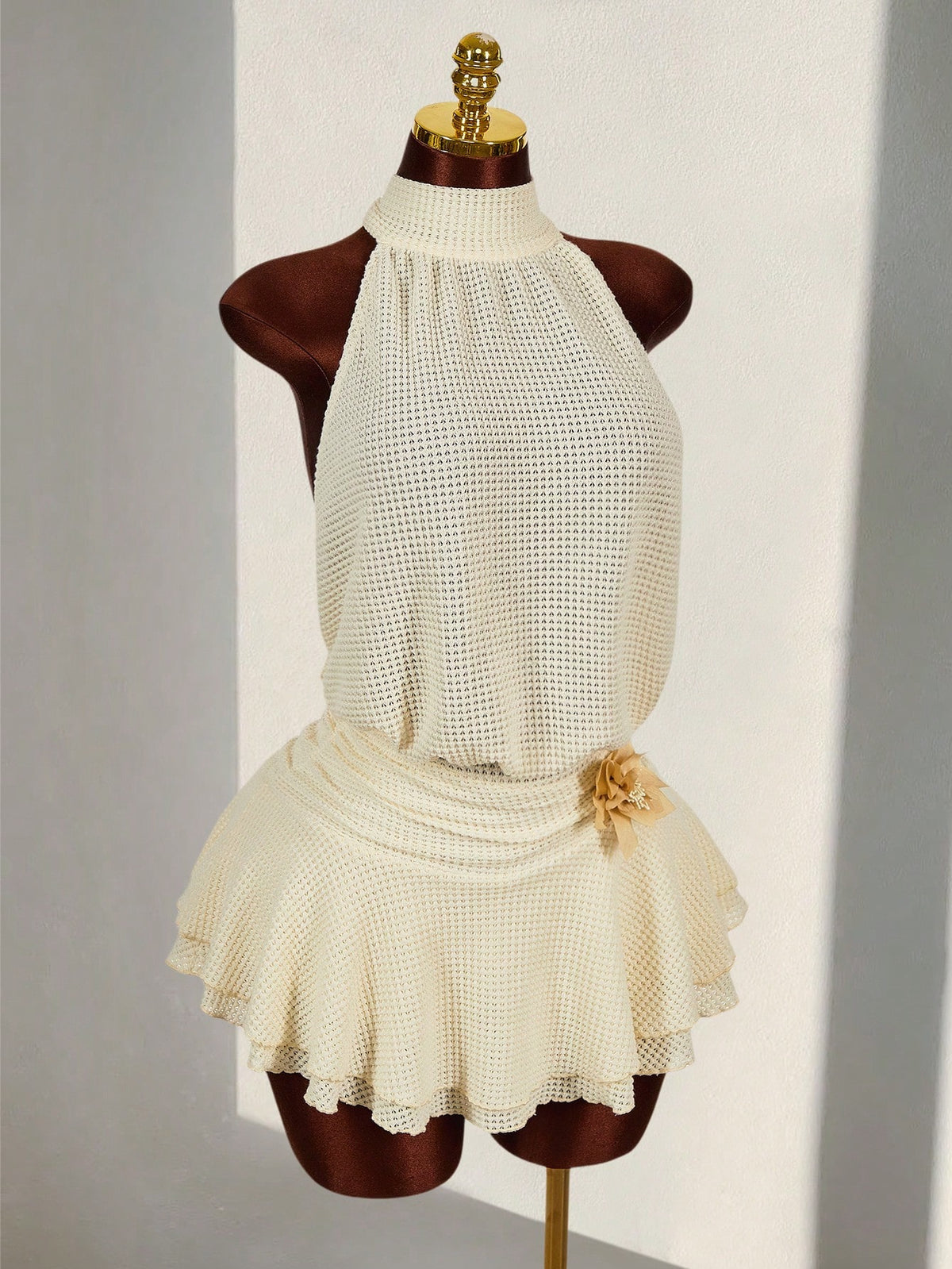 Amplova Romantic Boho Style Vacation Textured Sheer Fabric Waist 3D Flower High Neck Women Mini Dress