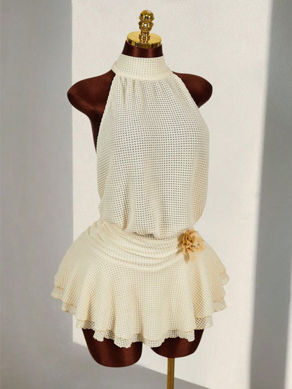 Amplova Romantic Boho Style Vacation Textured Sheer Fabric Waist 3D Flower High Neck Women Mini Dress