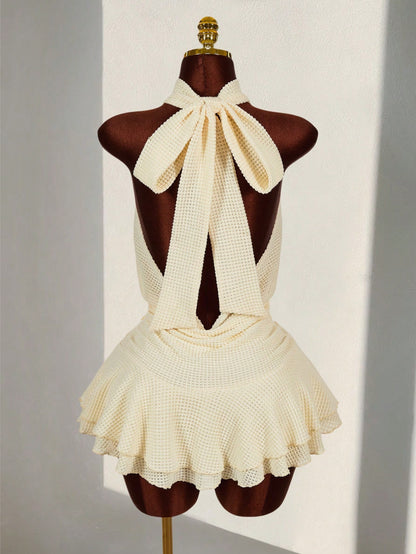 Amplova Romantic Boho Style Vacation Textured Sheer Fabric Waist 3D Flower High Neck Women Mini Dress