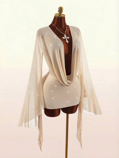 Amplova Romantic Sexy Vacation White Low-Cut Draped Neckline Flared Sleeve Bodycon Fitted Mini Dress Beach Club Night Out Autumn