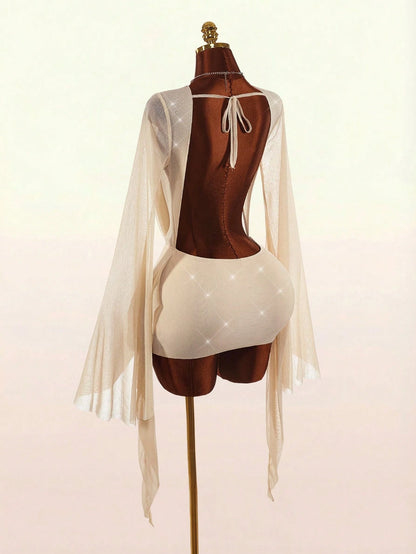 Amplova Romantic Sexy Vacation White Low-Cut Draped Neckline Flared Sleeve Bodycon Fitted Mini Dress Beach Club Night Out Autumn
