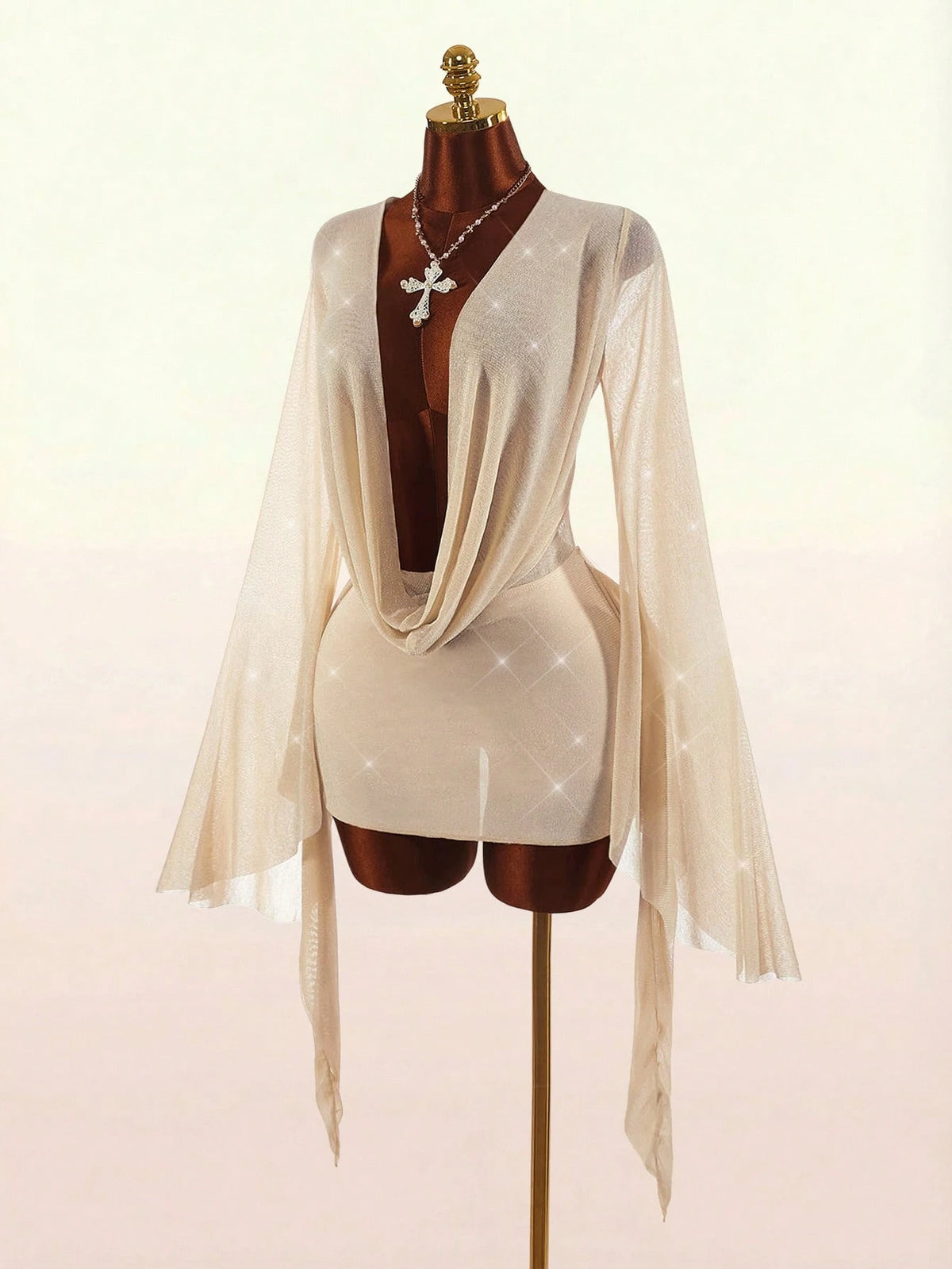 Amplova Romantic Sexy Vacation White Low-Cut Draped Neckline Flared Sleeve Bodycon Fitted Mini Dress Beach Club Night Out Autumn