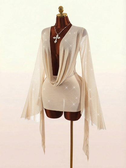 Amplova Romantic Sexy Vacation White Low-Cut Draped Neckline Flared Sleeve Bodycon Fitted Mini Dress Beach Club Night Out Autumn