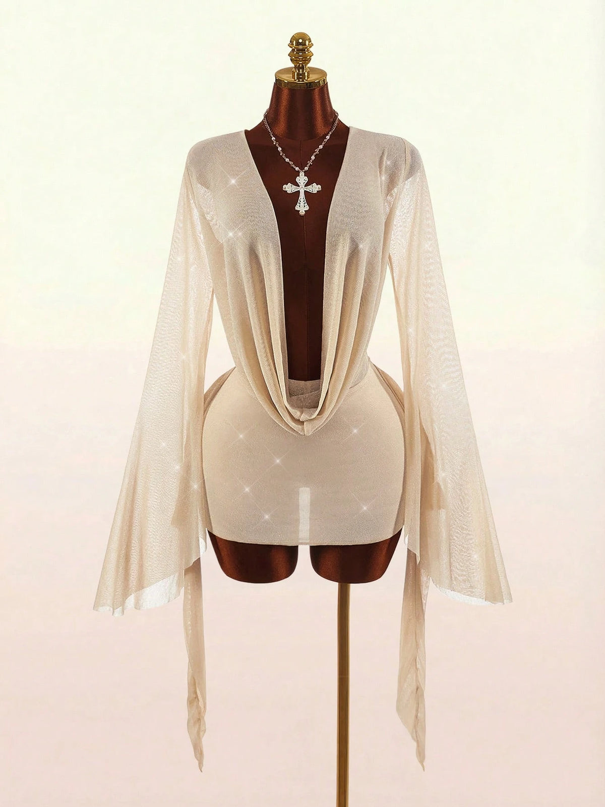 Amplova Romantic Sexy Vacation White Low-Cut Draped Neckline Flared Sleeve Bodycon Fitted Mini Dress Beach Club Night Out Autumn