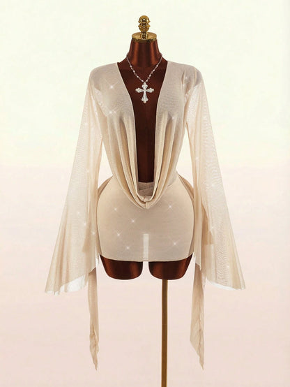 Amplova Romantic Sexy Vacation White Low-Cut Draped Neckline Flared Sleeve Bodycon Fitted Mini Dress Beach Club Night Out Autumn