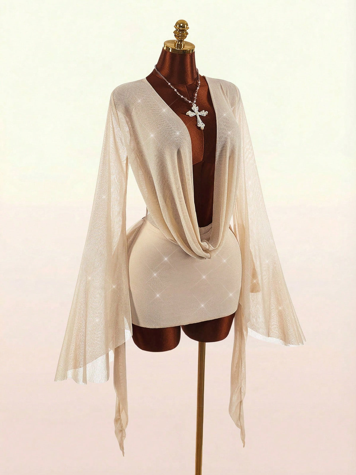 Amplova Romantic Sexy Vacation White Low-Cut Draped Neckline Flared Sleeve Bodycon Fitted Mini Dress Beach Club Night Out Autumn