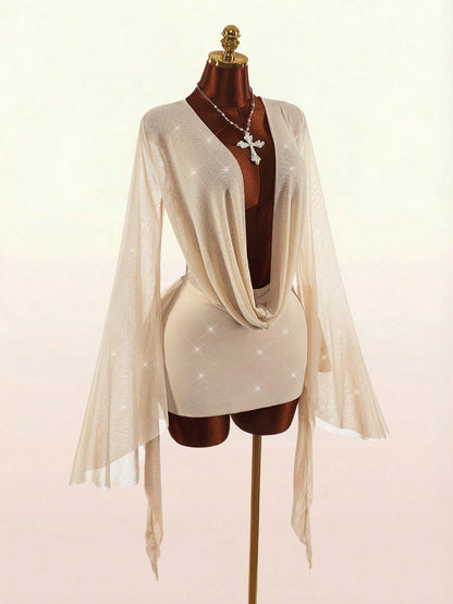 Amplova Romantic Sexy Vacation White Low-Cut Draped Neckline Flared Sleeve Bodycon Fitted Mini Dress Beach Club Night Out Autumn