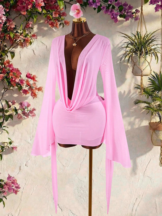 Amplova Romantic Vacation Earthy Tone Low-Cut Drape Collar, Flare Sleeve, Bodycon Mini Dress,Pink Dress