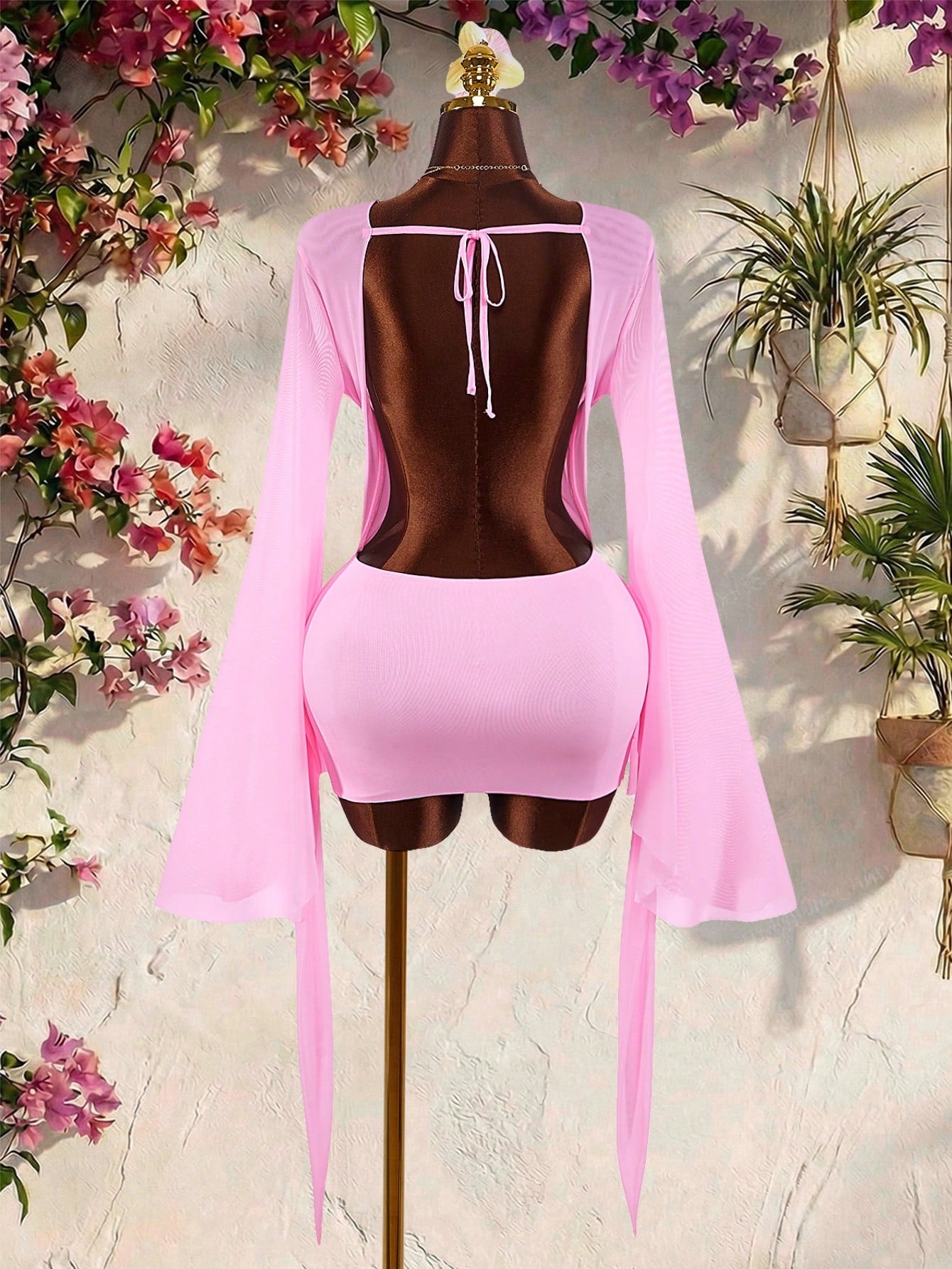 Amplova Romantic Vacation Earthy Tone Low-Cut Drape Collar, Flare Sleeve, Bodycon Mini Dress,Pink Dress