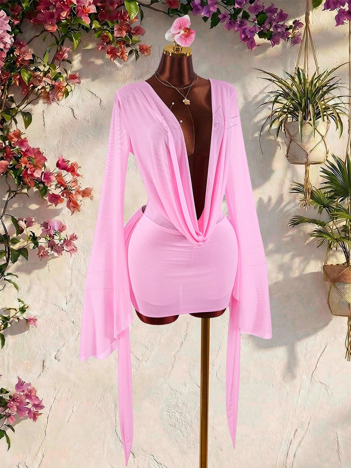 Amplova Romantic Vacation Earthy Tone Low-Cut Drape Collar, Flare Sleeve, Bodycon Mini Dress,Pink Dress