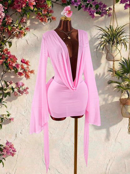 Amplova Romantic Vacation Earthy Tone Low-Cut Drape Collar, Flare Sleeve, Bodycon Mini Dress,Pink Dress