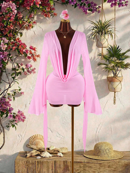 Amplova Romantic Vacation Earthy Tone Low-Cut Drape Collar, Flare Sleeve, Bodycon Mini Dress,Pink Dress