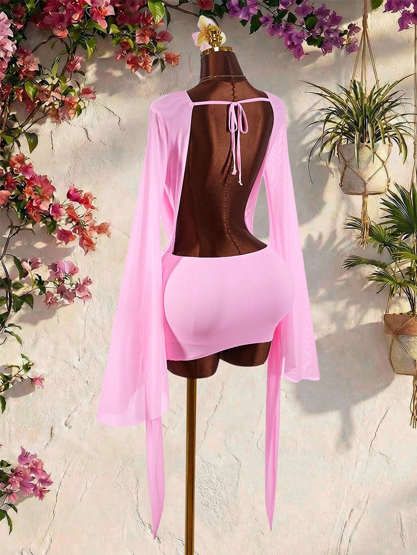 Amplova Romantic Vacation Earthy Tone Low-Cut Drape Collar, Flare Sleeve, Bodycon Mini Dress,Pink Dress