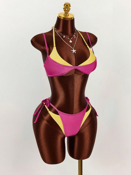Amplova Women's Bikini Set, 2 In 1, Magenta And Yellow Contrast Color, Sexy And Stylish, Suitable For Beach Vacation