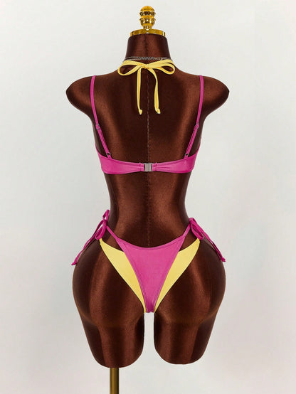 Amplova Women's Bikini Set, 2 In 1, Magenta And Yellow Contrast Color, Sexy And Stylish, Suitable For Beach Vacation