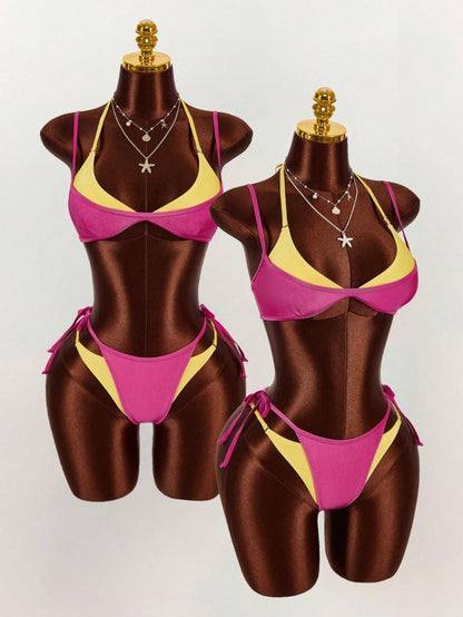 Amplova Women's Bikini Set, 2 In 1, Magenta And Yellow Contrast Color, Sexy And Stylish, Suitable For Beach Vacation