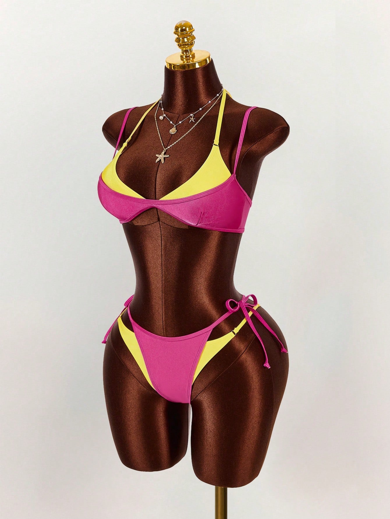 Amplova Women's Bikini Set, 2 In 1, Magenta And Yellow Contrast Color, Sexy And Stylish, Suitable For Beach Vacation