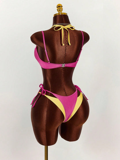 Amplova Women's Bikini Set, 2 In 1, Magenta And Yellow Contrast Color, Sexy And Stylish, Suitable For Beach Vacation