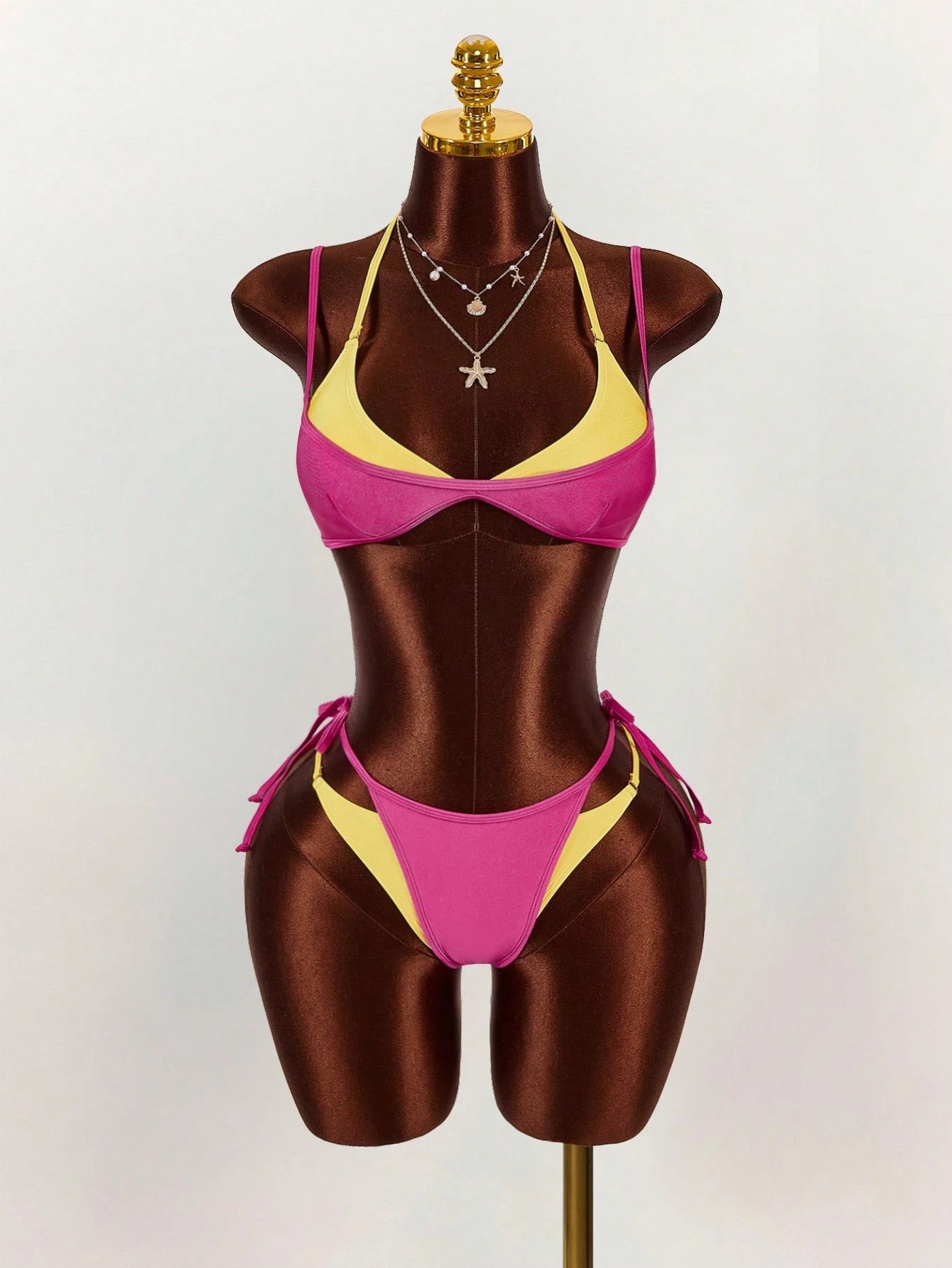 Amplova Women's Bikini Set, 2 In 1, Magenta And Yellow Contrast Color, Sexy And Stylish, Suitable For Beach Vacation