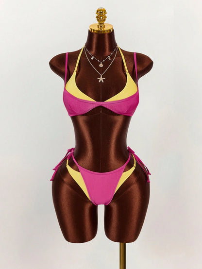 Amplova Women's Bikini Set, 2 In 1, Magenta And Yellow Contrast Color, Sexy And Stylish, Suitable For Beach Vacation
