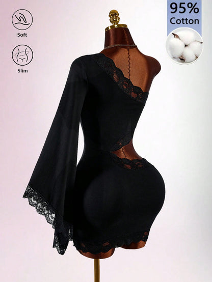 Amplova Women's Fitted Pure Cotton Contrast Lace Asymmetrical Shoulder Waist Cutout Mini Dress