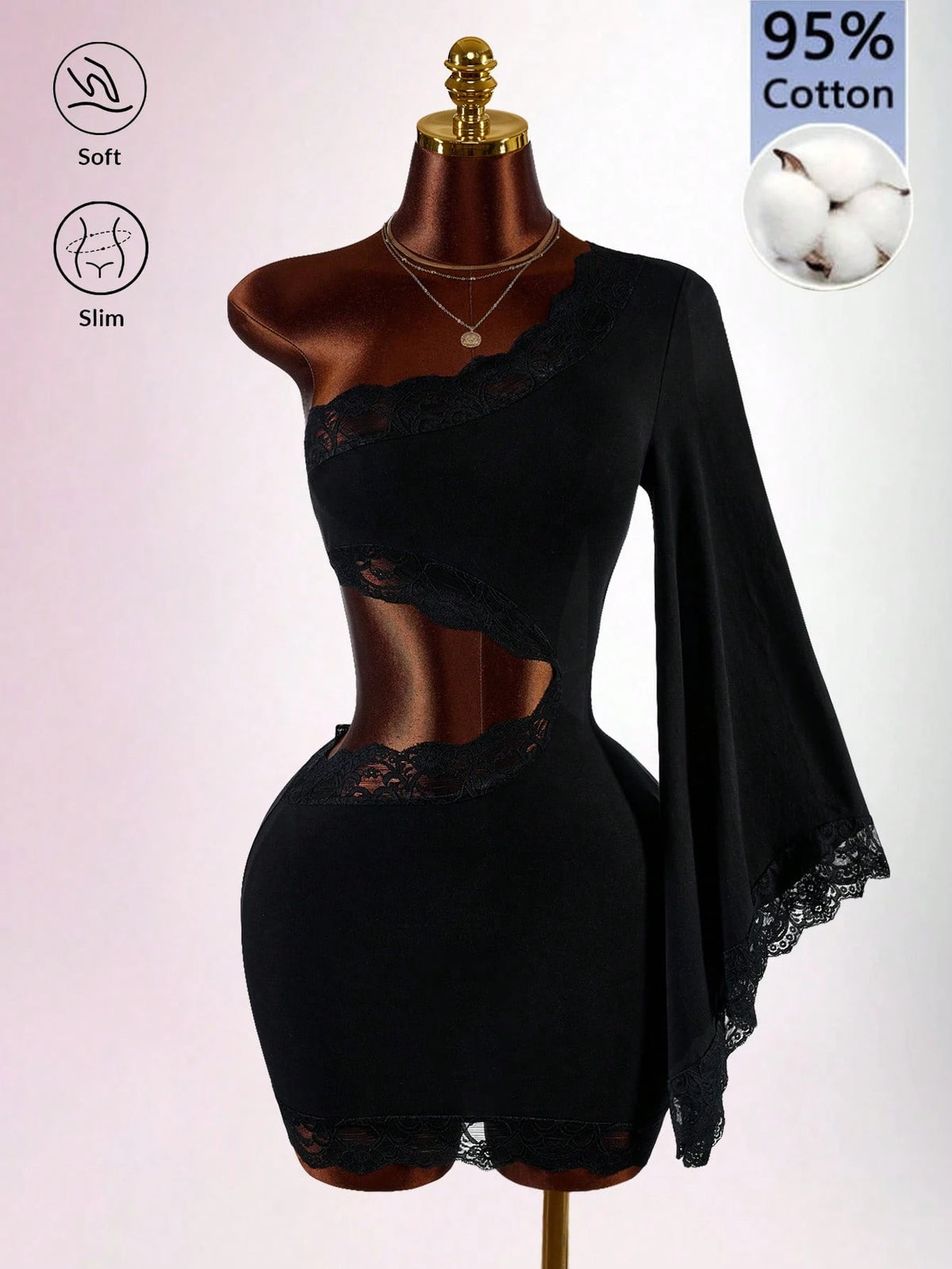 Amplova Women's Fitted Pure Cotton Contrast Lace Asymmetrical Shoulder Waist Cutout Mini Dress