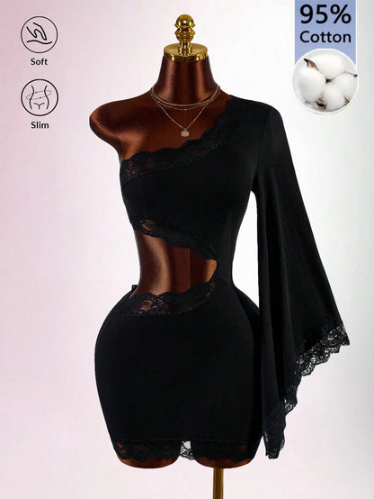Amplova Women's Fitted Pure Cotton Contrast Lace Asymmetrical Shoulder Waist Cutout Mini Dress