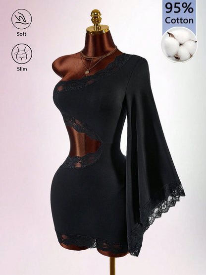 Amplova Women's Fitted Pure Cotton Contrast Lace Asymmetrical Shoulder Waist Cutout Mini Dress