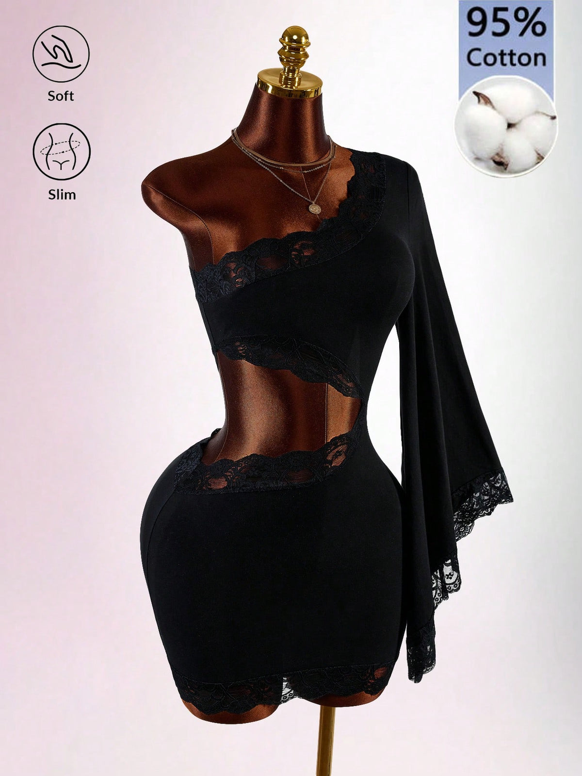 Amplova Women's Fitted Pure Cotton Contrast Lace Asymmetrical Shoulder Waist Cutout Mini Dress