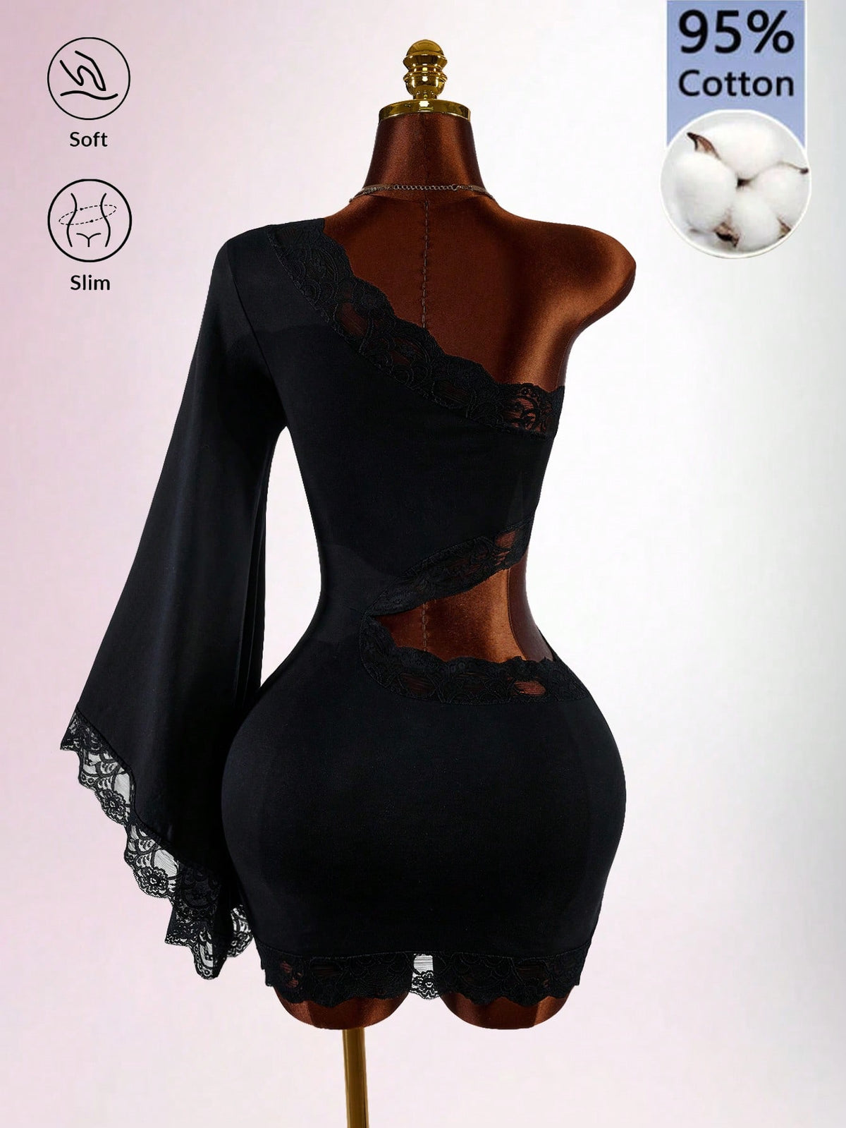 Amplova Women's Fitted Pure Cotton Contrast Lace Asymmetrical Shoulder Waist Cutout Mini Dress