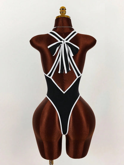 Amplova Women's Sexy Monochrome One Piece Swimsuit, Deep V-Neck Backless Bowknot Design, Sophisticated Look Suitable For Valentine's Day