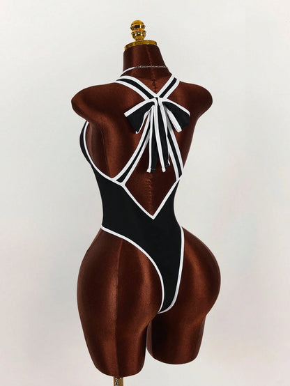 Amplova Women's Sexy Monochrome One Piece Swimsuit, Deep V-Neck Backless Bowknot Design, Sophisticated Look Suitable For Valentine's Day
