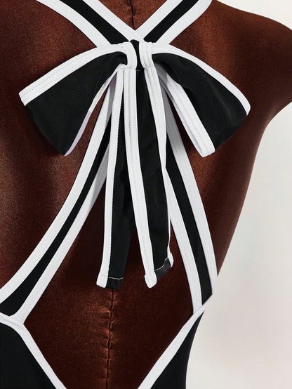 Amplova Women's Sexy Monochrome One Piece Swimsuit, Deep V-Neck Backless Bowknot Design, Sophisticated Look Suitable For Valentine's Day